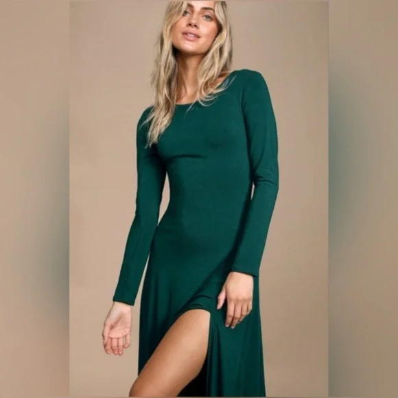 Lulu's Women's Swept Away Forest Green Long Sleeve Maxi Dress Size M Stretch - Picture 3 of 12
